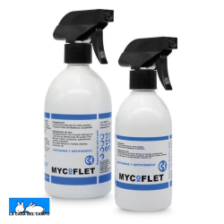 Mycoflet, spray amtifungico y anti sarna, adecuado tambien para todo tipo de alteraciones en la piel de todos los animales, disponible en presentaciones de 250 y 500 mililitros