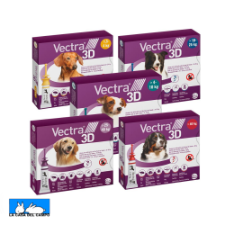Vectra 3D pipetas para perros, vienen 3 pipetas dentro de la caja y hay varias presentaciones en funcion del peso del animal