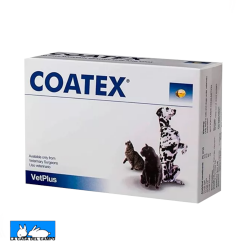 Coatex es un complemento dietético para perros y gatos formulado a base de aceites grasos esenciales que contribuye a mantener la piel y el pelaje sanos y en perfecto estado. La presentación es una caja con 60 comprimidos.