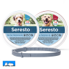 Collar Seresto antiparasitario insecticida y repelente para perros, presentado en dos tamaños, para perros grandes o pequeños.