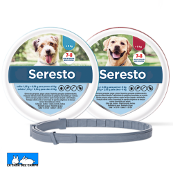Collar Seresto antiparasitario insecticida y repelente para perros, presentado en dos tamaños, para perros grandes o pequeños.