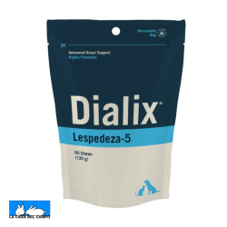 Dialix Lespedeza 5 es un suplemento para ayudar a mantener la función renal a largo plazo y unos niveles adecuados de fósforo, Indicado para reducir la uremia y aumentar la diuresis en perros y gatos con enfermedad renal crónica. Viene en una bolsa con 60 pastillas masticables con alta palatabilidad.
