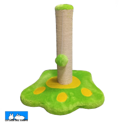 Rascador para Gatos pequeño de 40 cm con bola colgando para que jueguen. Su base es de color verde con detalles amarillos.