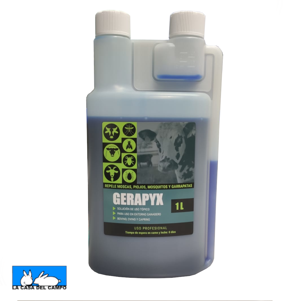 Gerapyx 1L Repelente de moscas, mosquitos, piojos y garrapatas para uso en animales. Indicado para bovino, ovino y caprino, presentación de 1 Litro