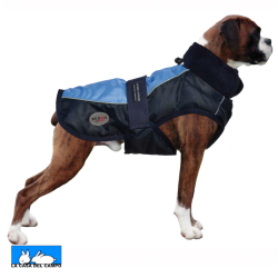 Abrigo para perro de la marca XT-DOG en azul marino y azul claro, con cordón reflectante, ideal para paseos nocturnos y condiciones climáticas adversas.