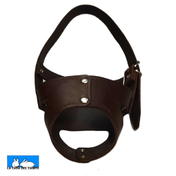 Bozal de cuero marrón oscuro, ajustable con hebilla metálica, diseñado específicamente para la forma del hocico de galgos y lebreles. Muestra el detalle del cosido y los remaches de metal, vista desde arriba