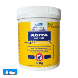 Bote amarillo blanco y azul que muestra un bote de insecticida para pintar paredes contra las moscas, se llama Agita y esta es la presentacion de 500 gramos